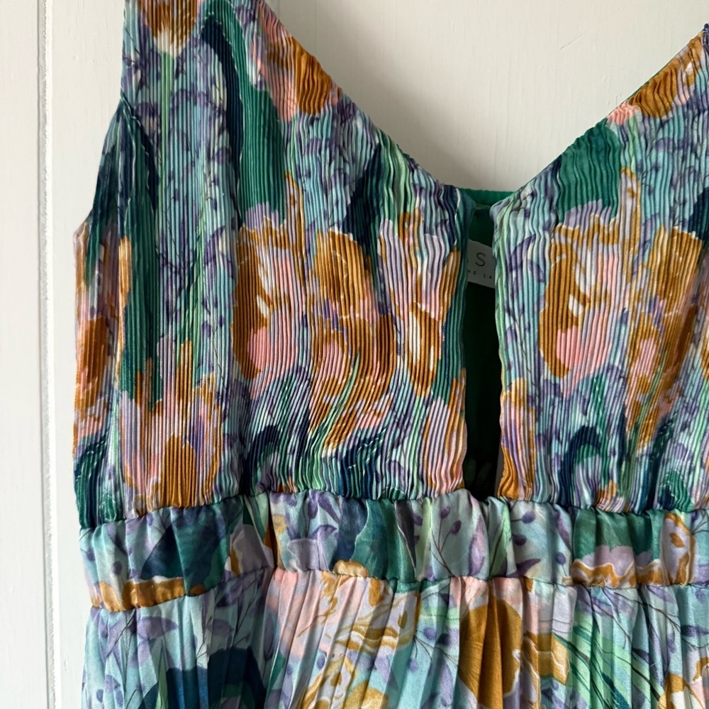 ASTR Loralee Pleated Floral Maxi Dress Green Blue Gold - Picture 3 of 7